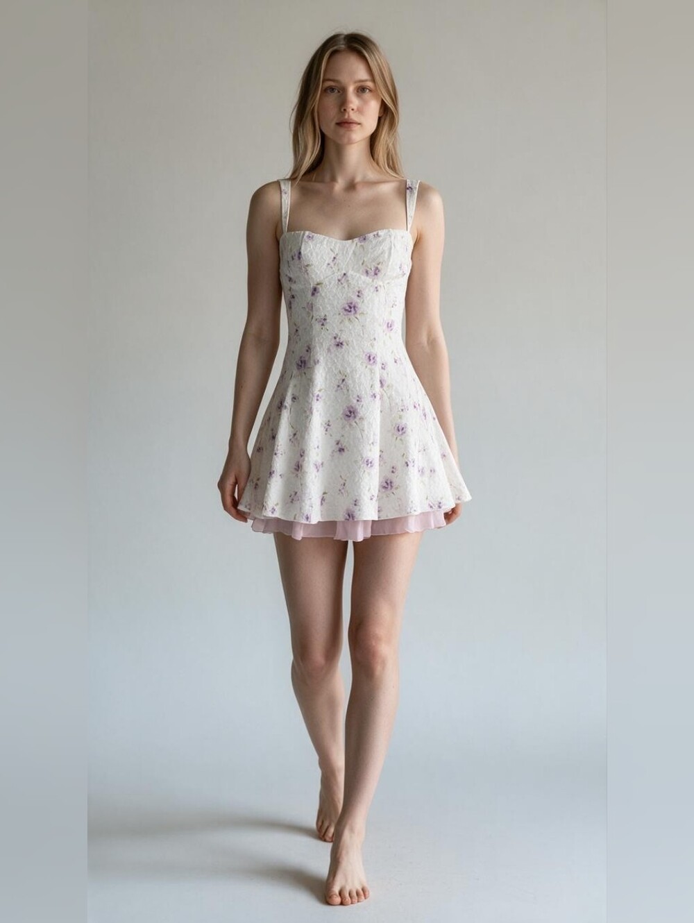 Lucy In The Sky White Purple Floral Textured Ruffle Hem Mini Dress Size S